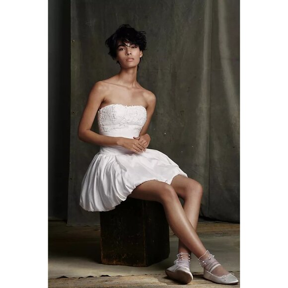 BHLDN x Anthropologie Strapless Floral Applique Bubble Hem White Mini Dress - Picture 16 of 16